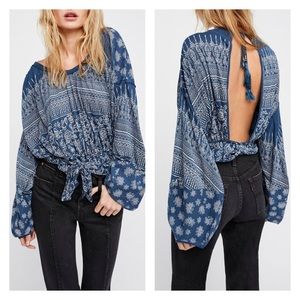 Free People Printed Warrior long Sleeve Open Back Top NWT XS